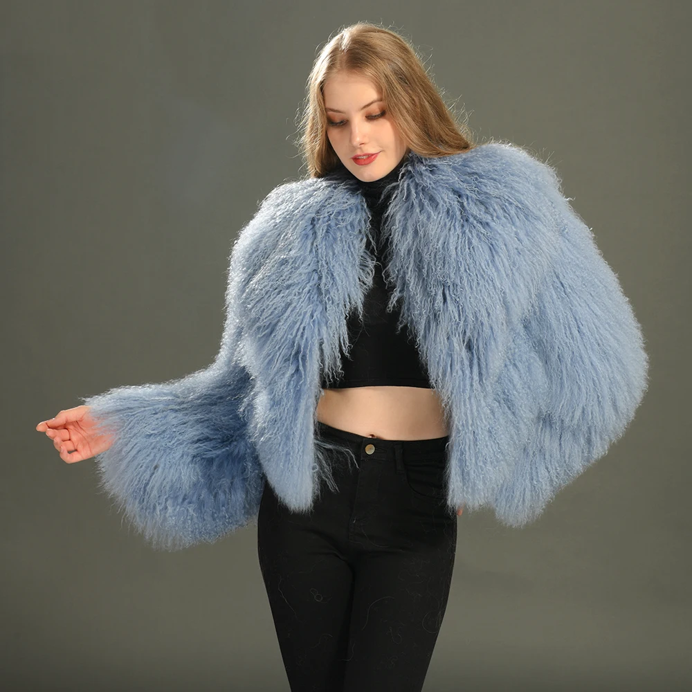 Fashion Fluffy Custom Color Thick Warm Natural Sheep  Fur Jacket Ladies Wholesale Winter Women Cropped Real Mongolian Fur Coat