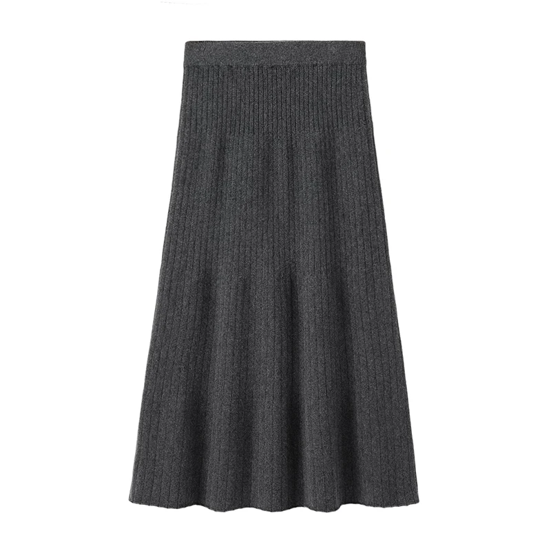 Newest Elegant A-Line Pleated Rib Knitted Cashmere Skirt Solid Design with Natural Waist Sustainable Woolen Yarn Dyed Fabric