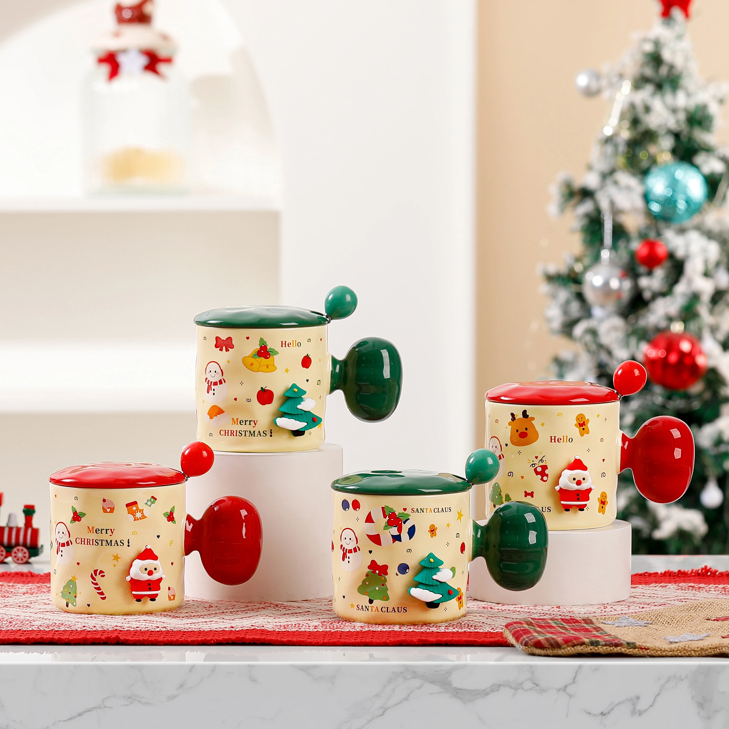 High Quality Christmas Mug Gift Fat Handle 380ml Cartoon Christmas Coffee Cups Beautiful Ceramic Mug