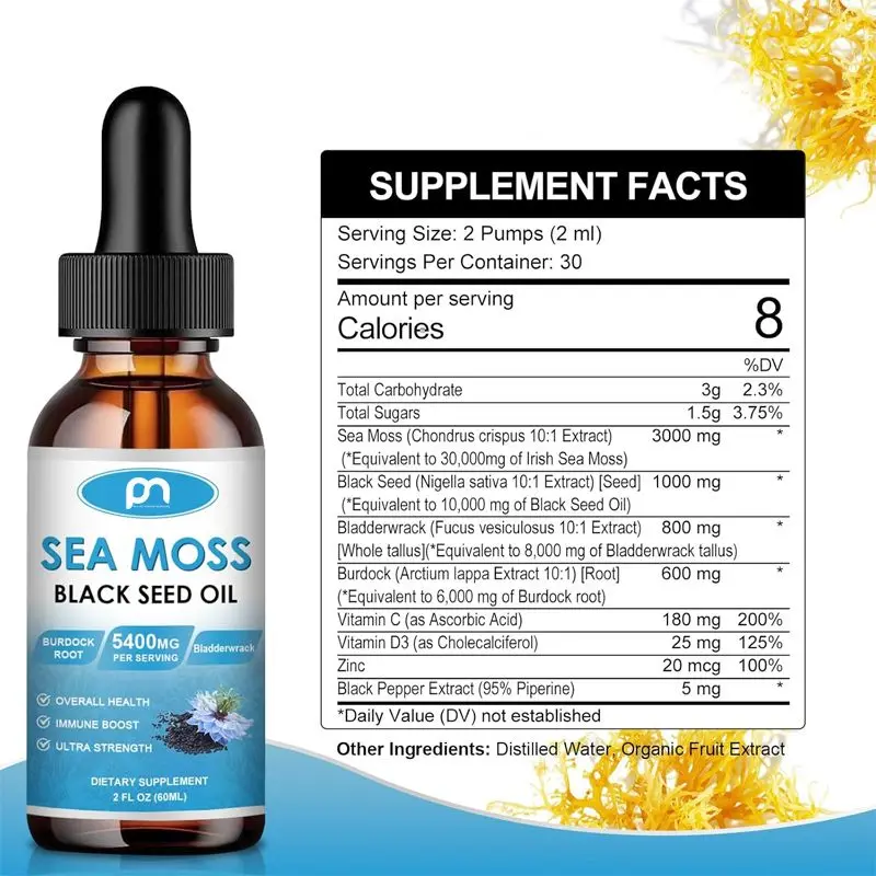 Sea Moss Black Seed Oil Drops with Burdock Root & Bladderwrack, Vitamins C & D3 for Immune, Gut, Skin & Energy Support OEM