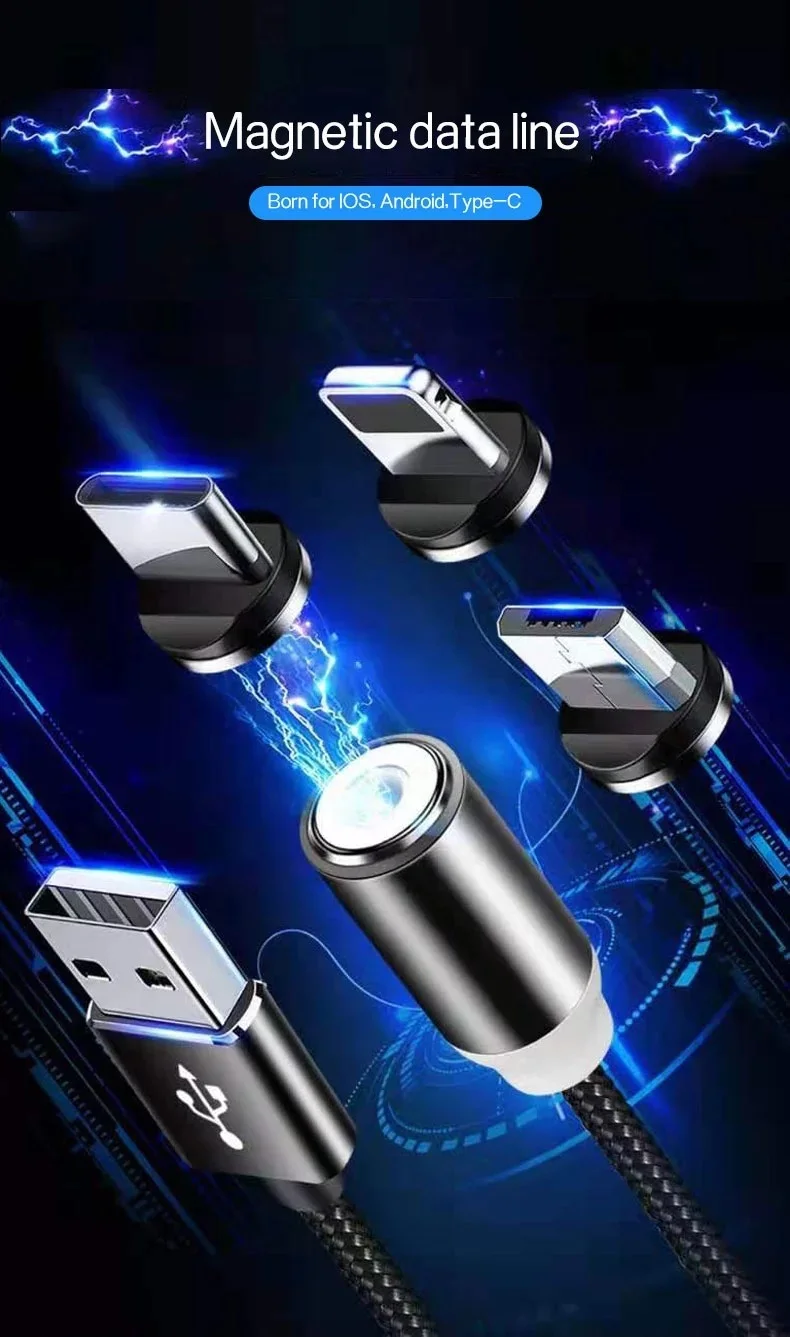1M Cell Phone 3 In 1 Magnetic Braided Charging Micro Magnetic Usb Cable High Quality 3 in1 Fast Charger Cable Line