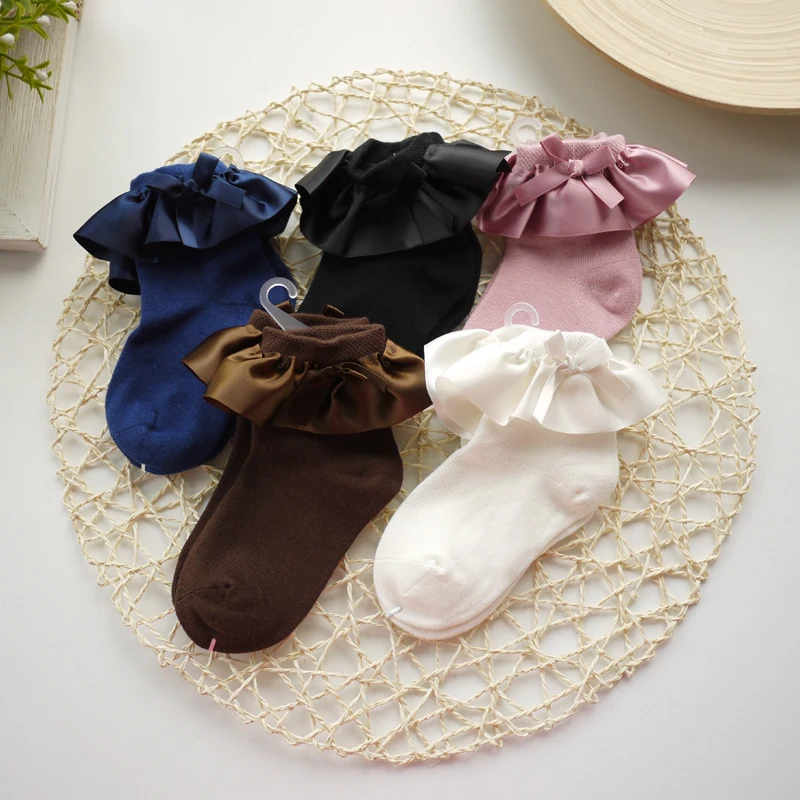 Новинка, весенние детские носки, милые детские атласные кружевные хлопковые носки для девочек с кружевным бантом и мягкой отделкой, короткие носки для маленьких девочек