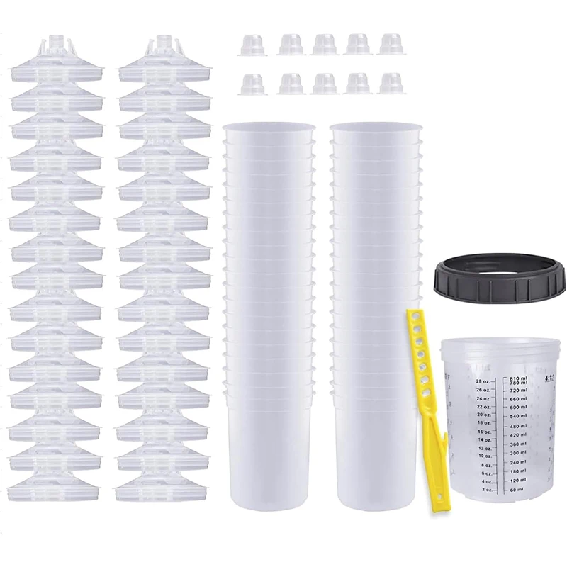 Disposable Paint Sprayer Gun Mixing Cup for HVLP Paint Spray Paint Gun with 30 Cup & Lids System 1 Hard Cup with Retainer Ring