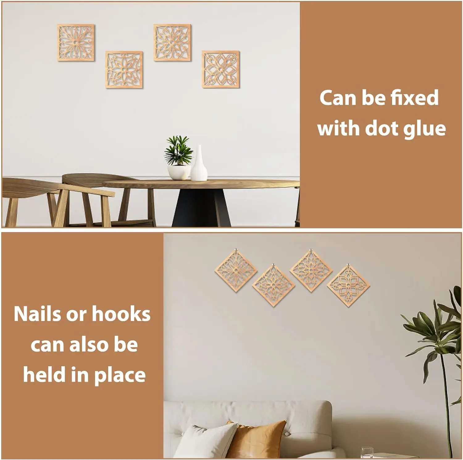 4 Pieces Thicken Rustic Wall Decor,Flower Carved Wall Art,Wooden Hollow Carved Design