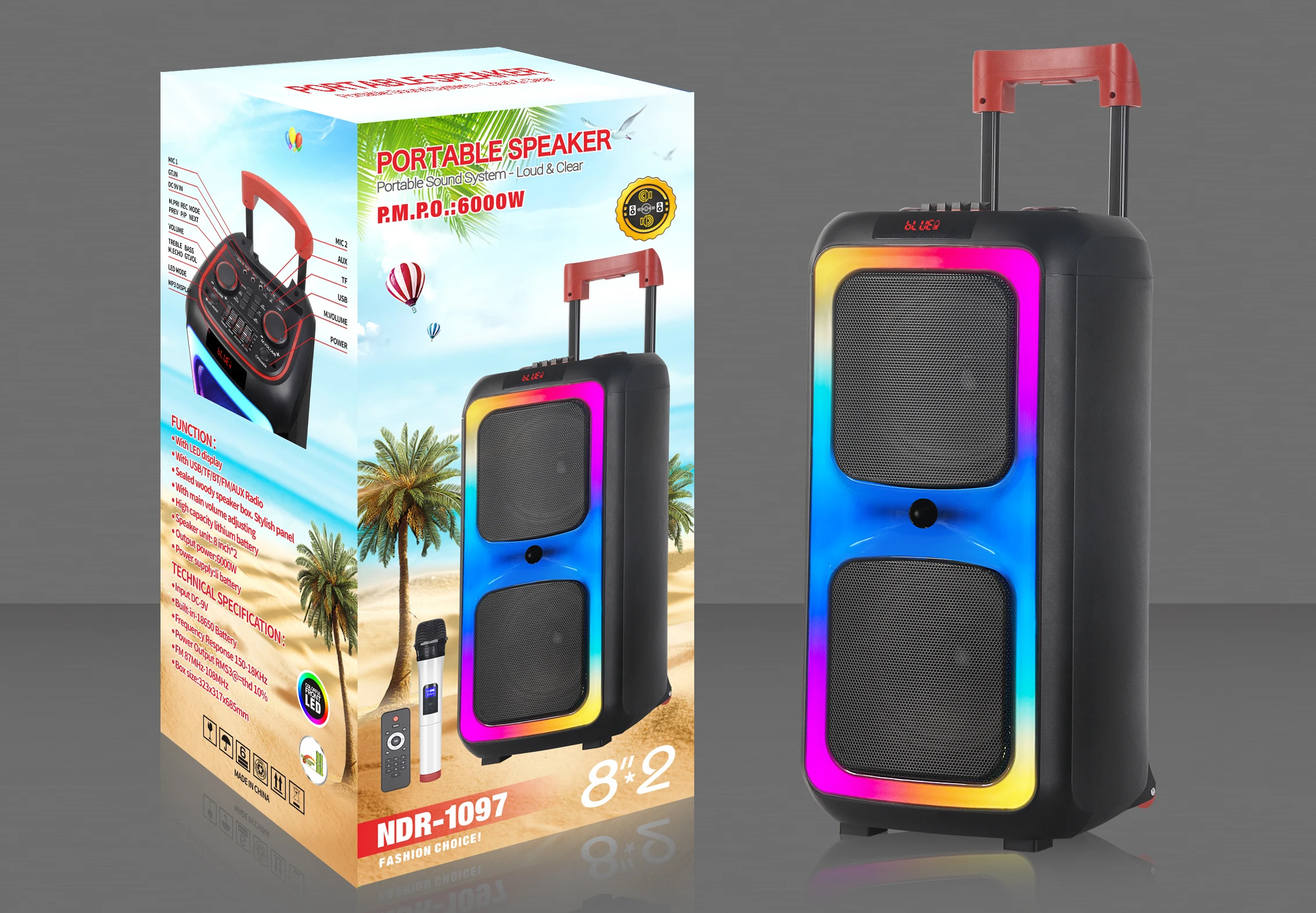 8 Inch Karaoke Circle Amplified Speaker Wireless Woofer Speaker Mic Remote Control Color Led Outdoor Tws Party Trolley Speaker