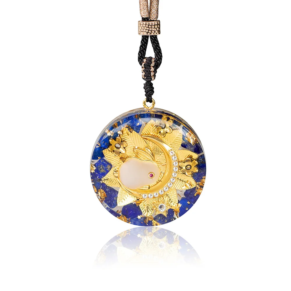 Милое ожерелье из кролика и Луны, подвеска из лазурита и оргонита, светящаяся в темноте подвеска, энергетическое исцеляющее светящееся ожерелье,