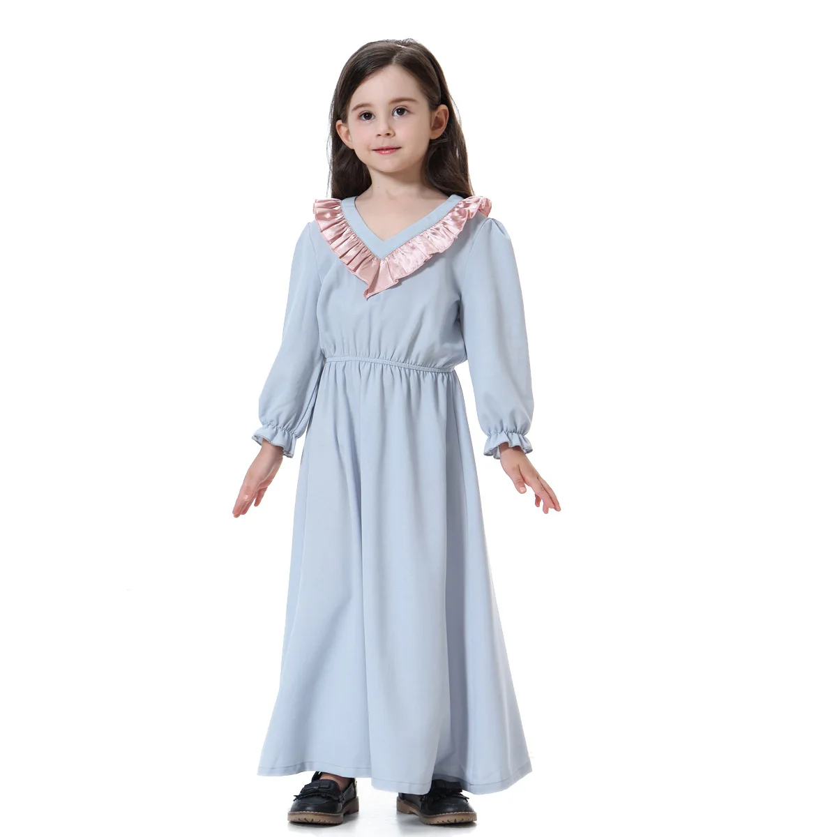 Muslim Kids Fashion Islamic Clothing Children Dress Solid Color V-Neck Arab Long Sleeve Maxi Girls Robe Baby Clothes