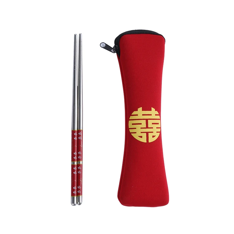 Wholesale Wedding gift custom metal chopsticks stainless steel chinese metal chopsticks with fabric pouch