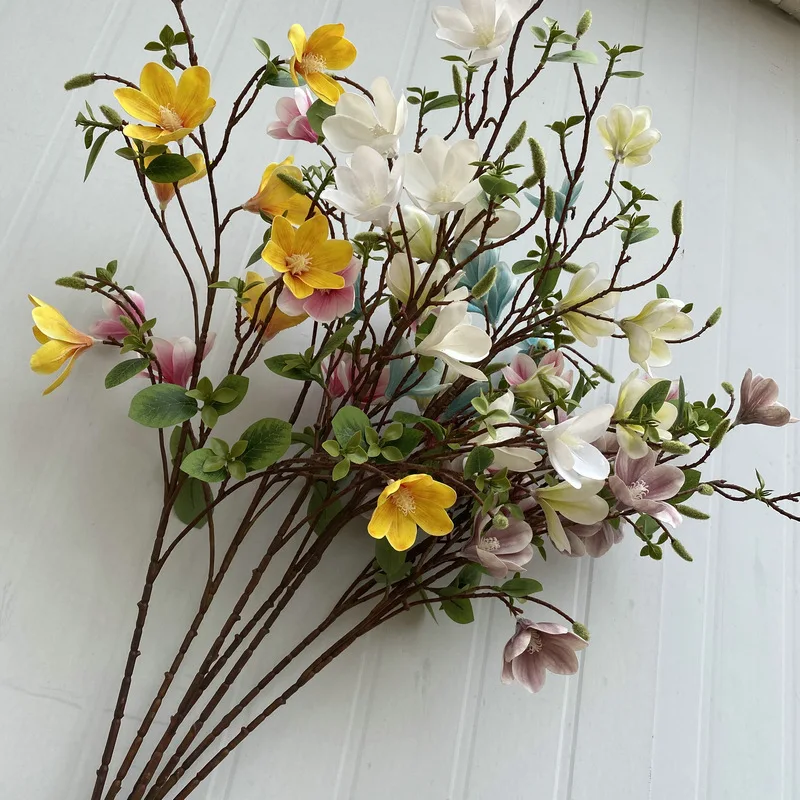 E-L004 Magnolia Flowers Wedding Home Decoration 3D 9 Heads Single Branch Magnolia Artificial Flower