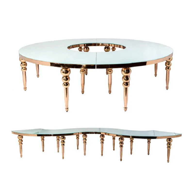 Party rental s-shaped serpentine wedding table gold legs with glass top