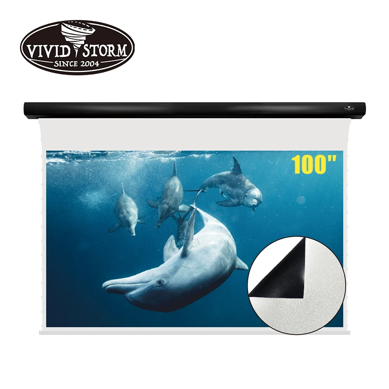 VIVIDSTORM 100 inch Slimline Electric ceiling hanging projector screen PVC white cinema screen material UHD Home/Movie/Theater