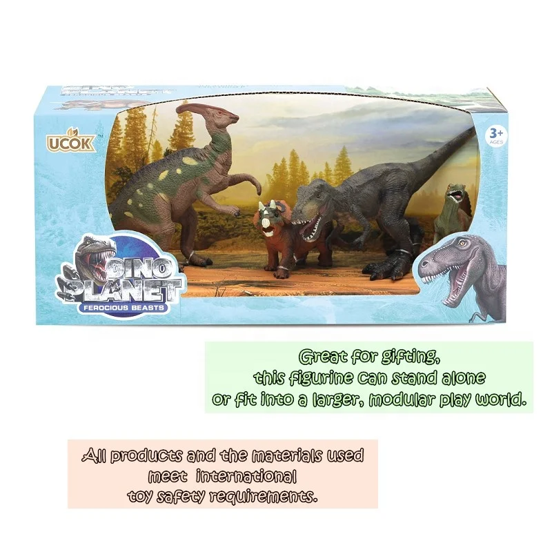 
4-Pieces Dinosaur Playset, Plastic Toy Animal Figurine Children gift home decorate with window box 