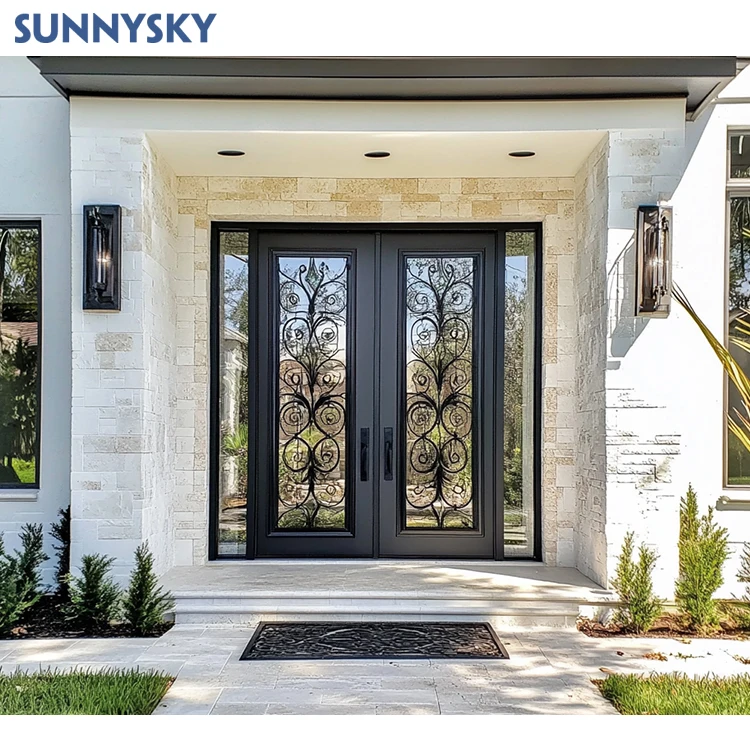 Sunnysky Modern Design Exterior House Windows and Doors Luxury wrought iron security decorative exterior steel door