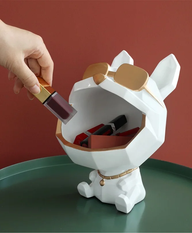 RESIN BLACK WHITE ANIMAL BIG MOUTH FRENCH BULLDOG PUPPY TRAY PLATE HOUSE DECORATIVE HOLIDAY GIFT CANDY KEY HOLDER BOX STATUES