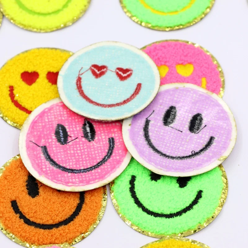 Shenglan Happy Face Patches Smiley Iron On Patches For Clothes Jackets Jeans Hats Backpacks DIY Decorations(Gold Edge)