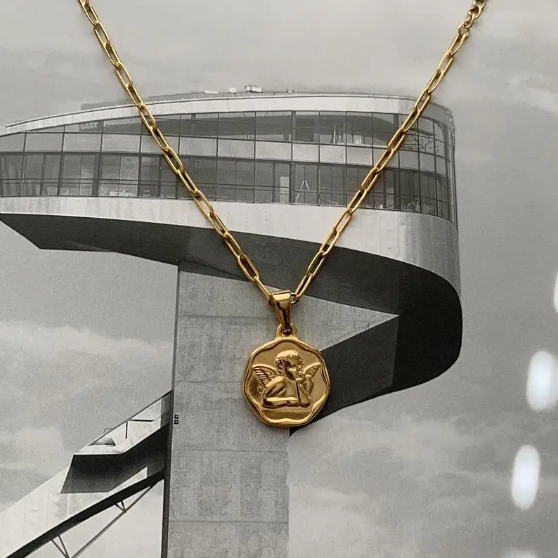 2022 New fashion angel coin pendant necklace titanium steel necklace paperclip Chain