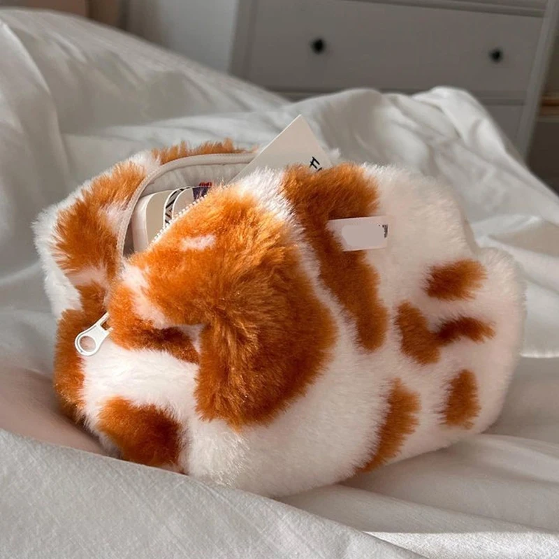 Custom Size Logo Fluffy Plush Brown Leopard Padded Zipper Beauty Cosmetic Makeup Make Up Toiletry Skincare Wash Bag