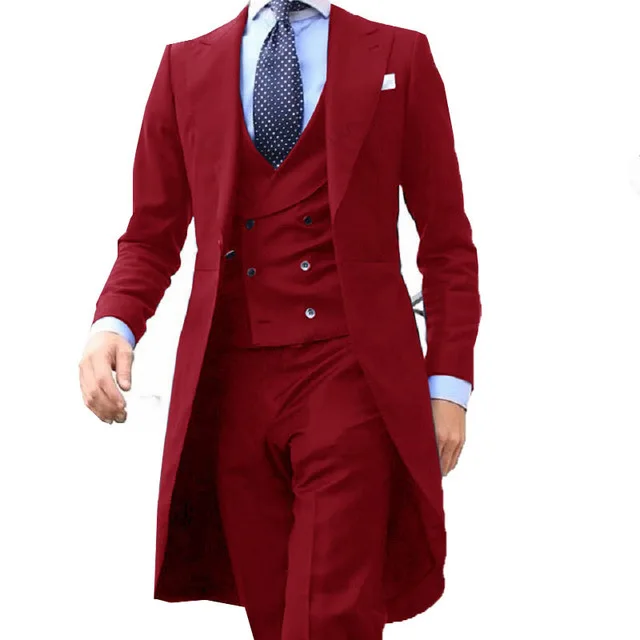 Aiqi New Arrival l Long Coat Designs Chinese Red Men Suit Gentle men Tuxedo Prom Blazer Custom 3 Pieces