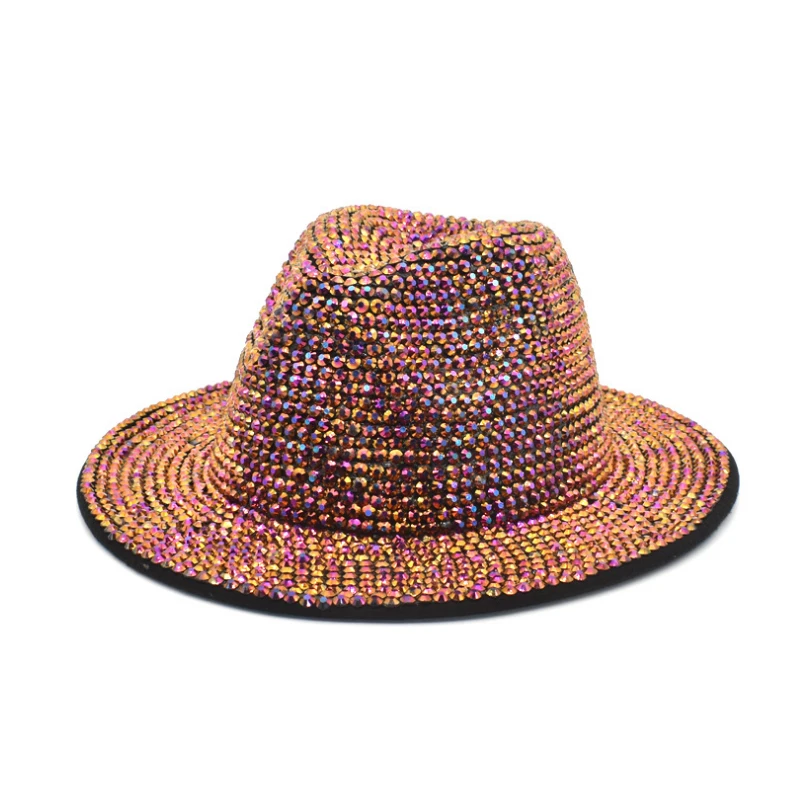 Unisex Church Jazz Party Club Hat Shiny Rhinestone Fedora Hat Wide Brim Luxury Fedora Hats Women Wholesale 2021