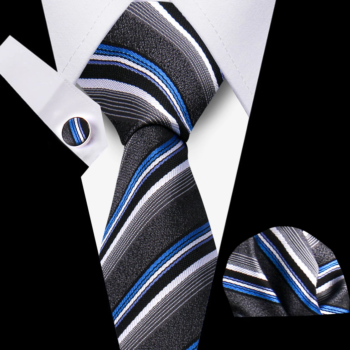 Necktie Set Fashion Blue Tie Pocket Square With Cufflinks Gift Sets Silk Ties For Men Paisley Necktie Hankies For Man Wedding