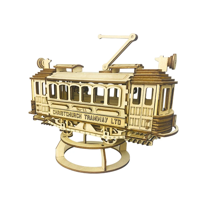 Hot Sale Retro Tram Wooden 3d Puzzle diy Streetcar Model Assembly Game for Teens Creative Handmade Building Kits Wood Crafts