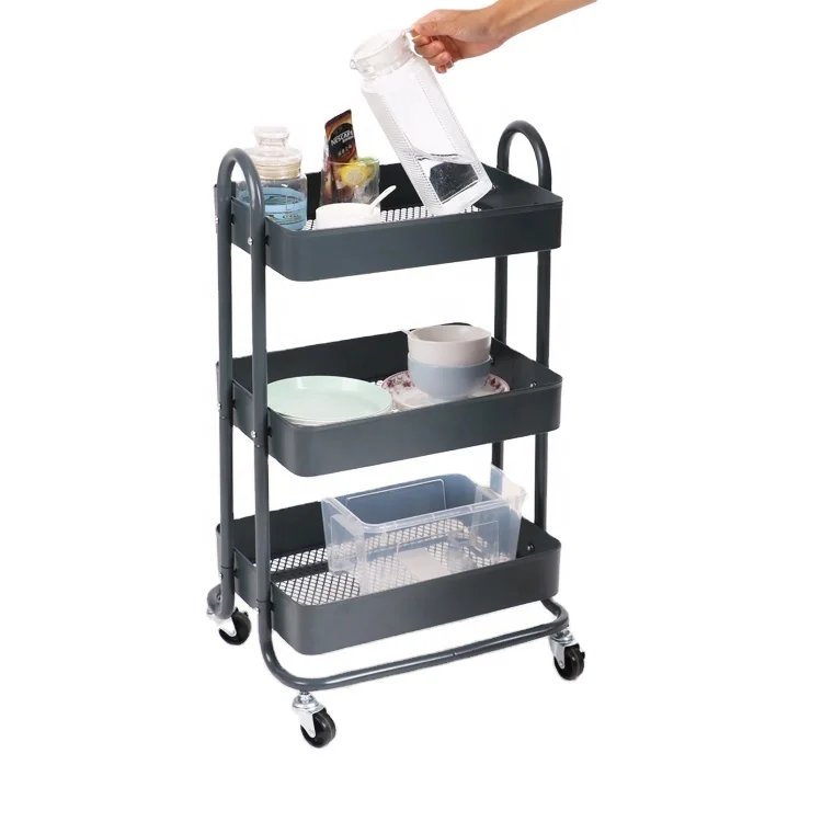 3-Tier Mesh Rolling Cart for Serving Utility Organization Kitchen Cart with Portable Metal Handle Easy Moving Flexible Wheels