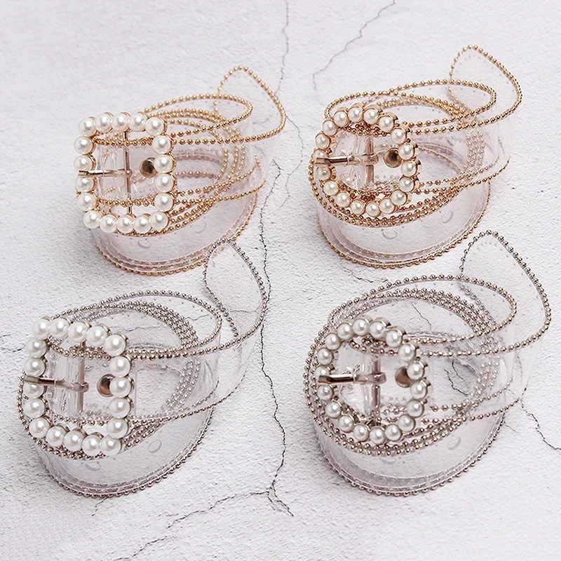 Ремень женский прозрачный с жемчугом модный дизайнерский пояс из пластика