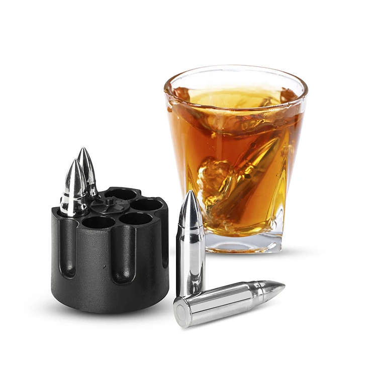 Silver/ Gold Stainless Steel Whiskey Stones Bullets Gift Set with Base, Set of 6 Large Bullet Shaped Reusable Metal Ice Cube