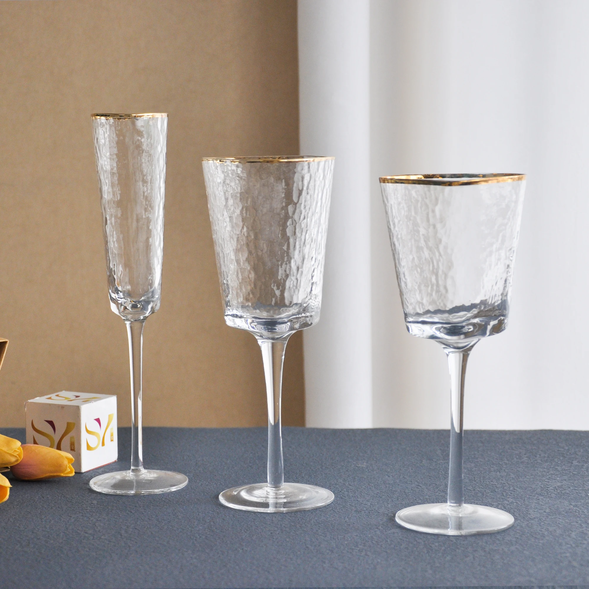 Hammer pattern Champagne Flutes crystal goblet triangle gold rim wine glasses Unique wedding glassware set