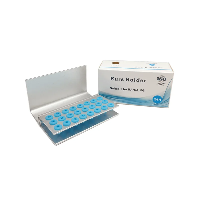 Dental Burs Holder Block Metal Autoclavable Box Dental Burs Storage Case 24 Holes Burs Holder with Sillicon Cover