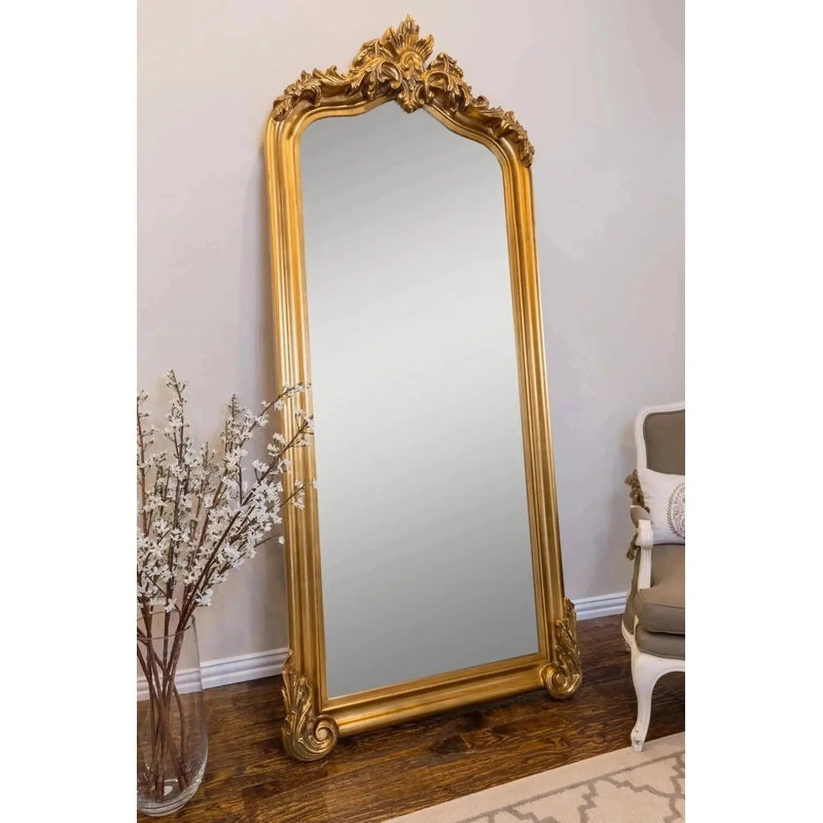 Baroque frame Arched Wooden Antique Gold Full Length Leaner Floor Dressing Mirror
