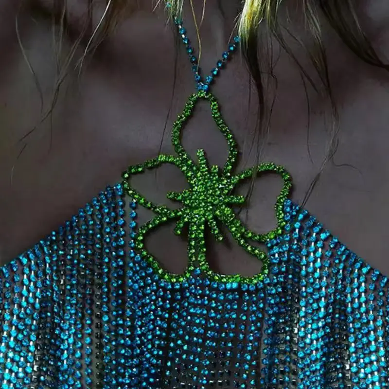 Sexy Rhinestone Flower Bra Chain Blue Tassel Body Chain Fashion Halter Chest Bralette Ladies Bling Crystal Lingerie Nightclub