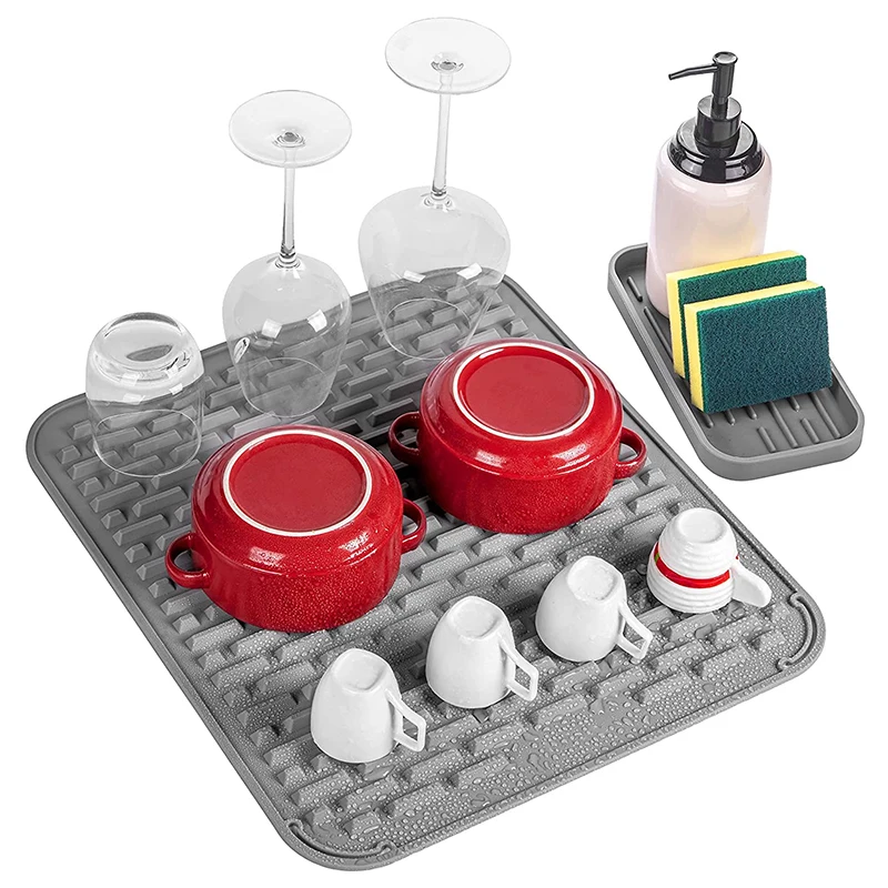 Non Slip Premium Extra High Ridges, Upgraded Thickness Silicone Dish Fast Drying Mat & Tray Countertop Protection Trivet