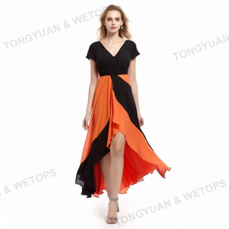 2024 Latest Lady Elegant Asymmetrical Short Sleeve V Neck Backless Dresses Women Party Long Evening Dress With Black Orange