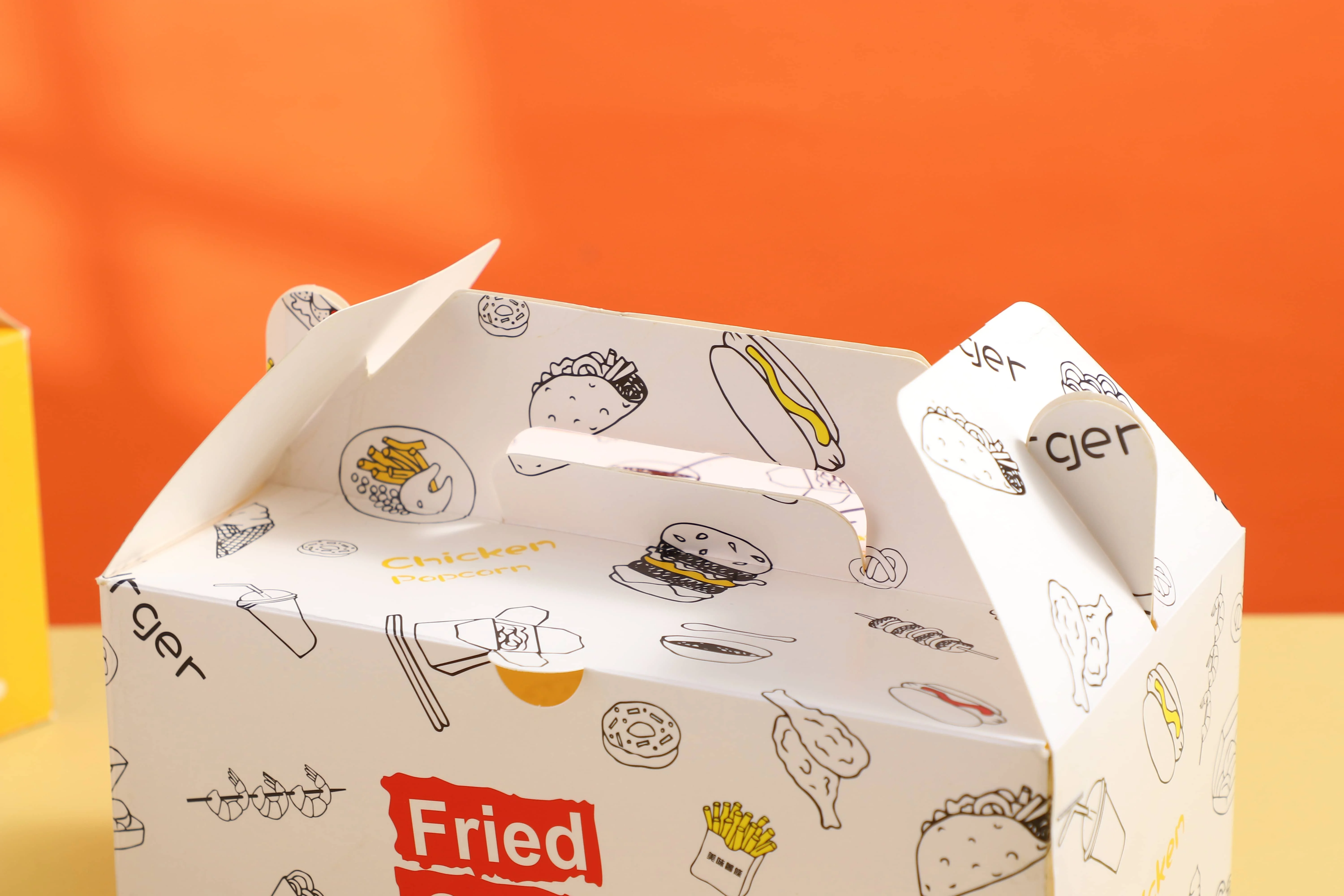 Reusable White Cardboard or Kraft Food Packing Carton Box with Handle AL baik Fried Chicken Disposable Rectangle Carry out box