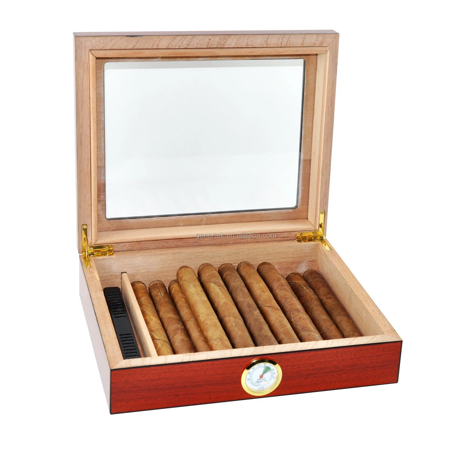 Wholesale Custom 20-25 Count Desktop Spanish Cedar Wood Cigar Case Luxury Tempered  Glass Top Wooden Cigar Humidor