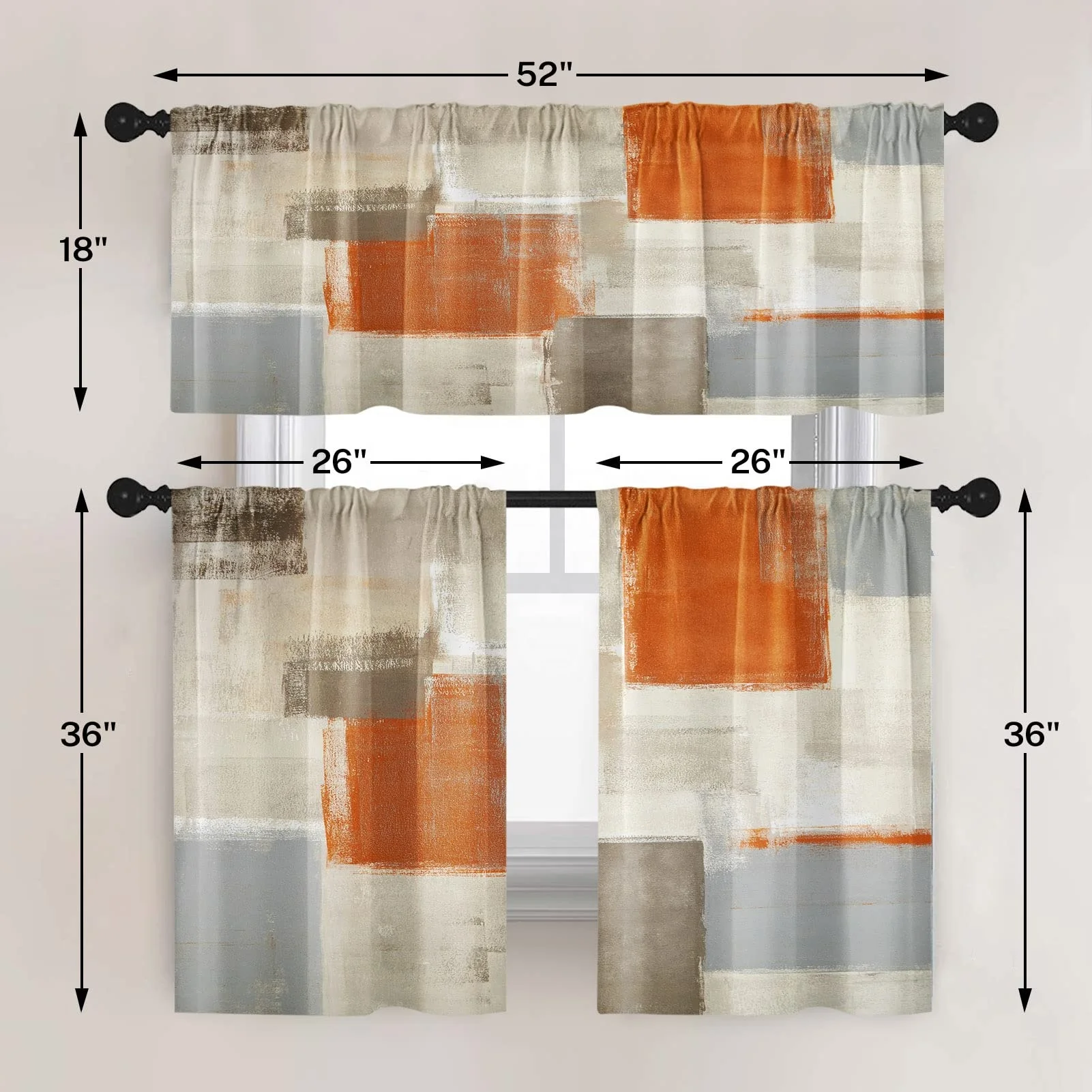 Modern Painting Short Abstract Art Orange Kitchen Curtains Valance And Tiers 3 Pieces Set