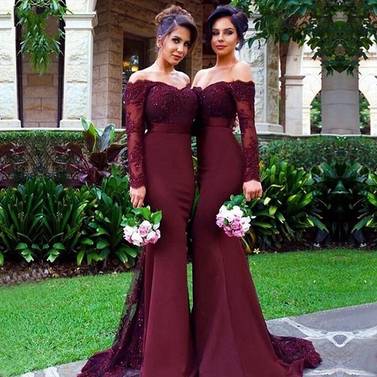 2022 Wedding Party Gowns Maid Of Honor Dresses Sexy Turquoise Blue Purple Lace Mermaid Long Sleeve Burgundy Bridesmaid Dresses