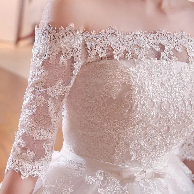 One-shoulder wedding dress large size bride in sleeves princess slim Flat Shoulder Half Sleeve Floor Length Lace Wedding Dress