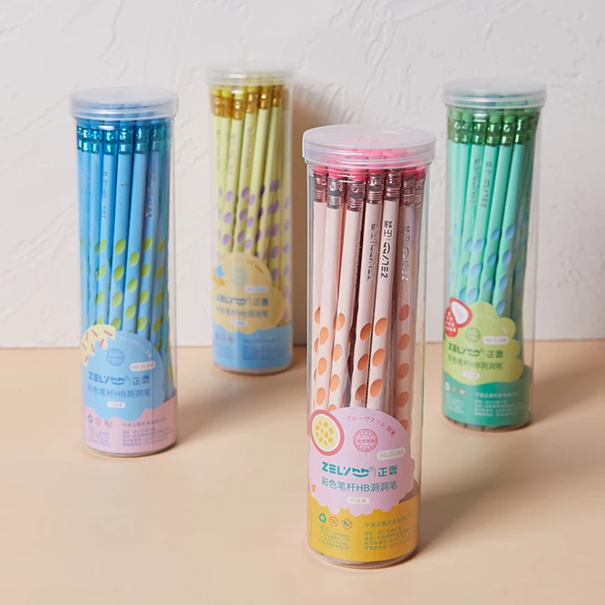 ZL348 Korean Hot Sale Wholesale PVC barrel packing Slim Groove Pencil 7 inch 2.6mm lead Triangular shape HB pencil with holes