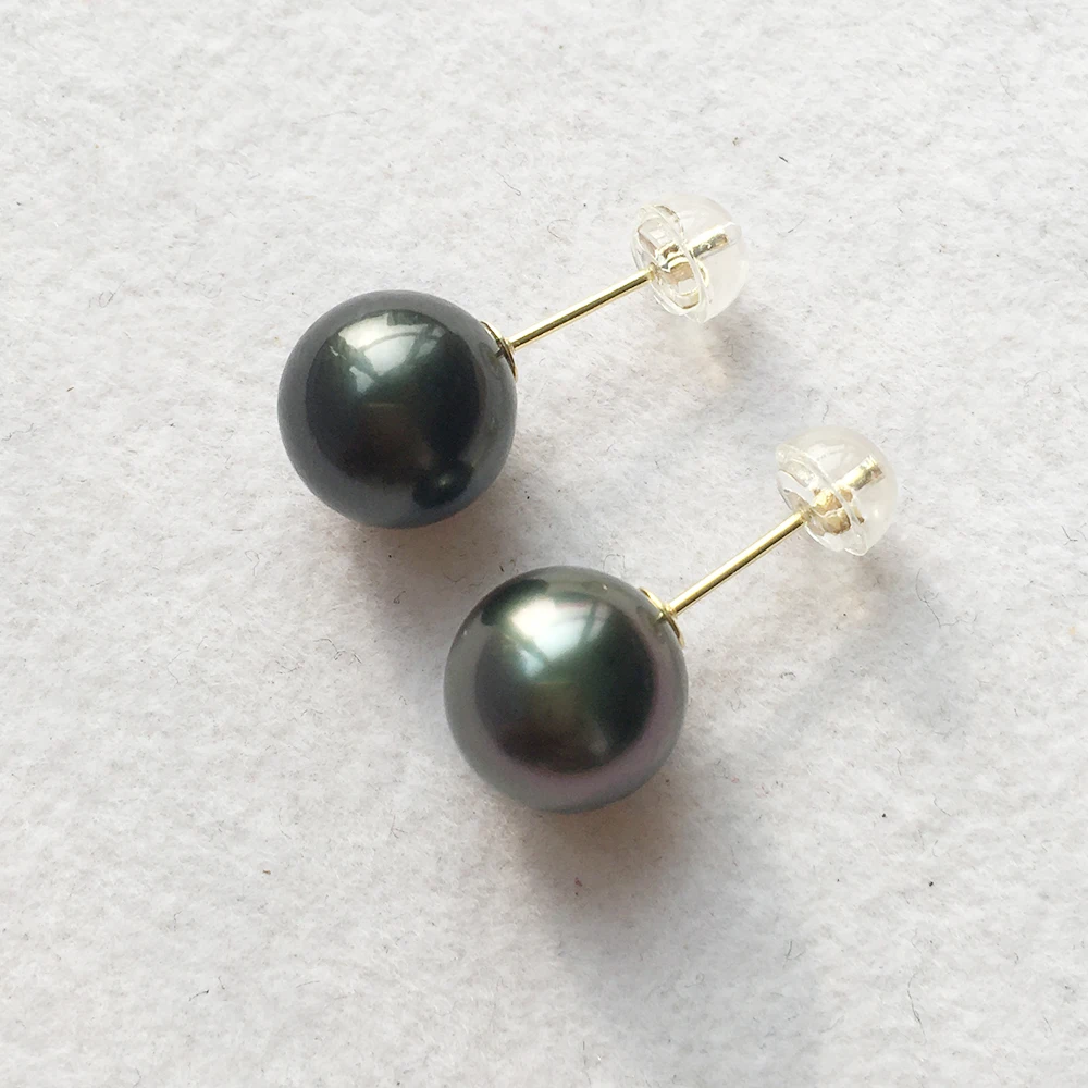 AA+ good quality 9-10 mm nature Tahitian sea salt pearl earring,au750 18k gold stud earrings for wedding ,perfect round pearl