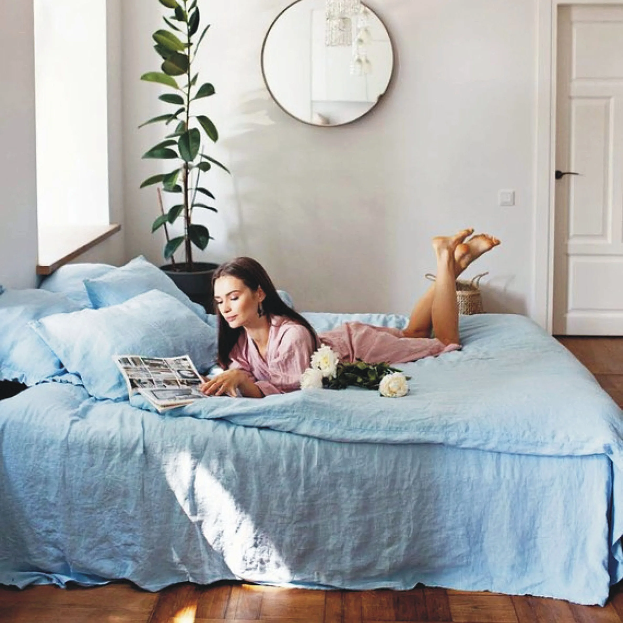 luxury low moq new product 100% pure belgium french flax linen hemp blue ruffle bedding sets four-piece set