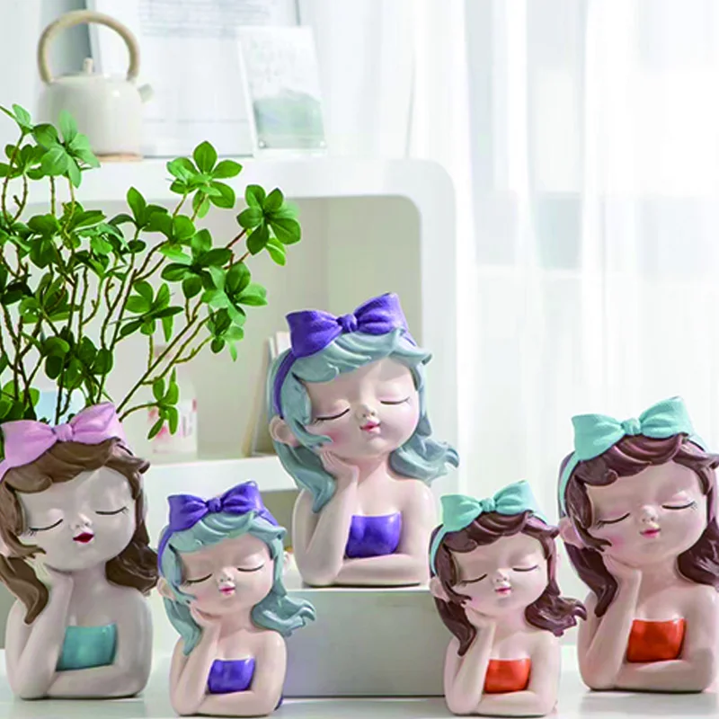 Custom logo new girl face flower planter creative cute girl resin succulent flowerpot for home decor