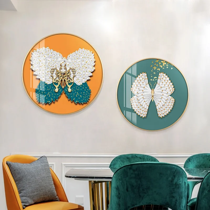 Porch decorative painting light luxury tempered glass wall painting 3D feather picture wall art round crystal porcelain painting