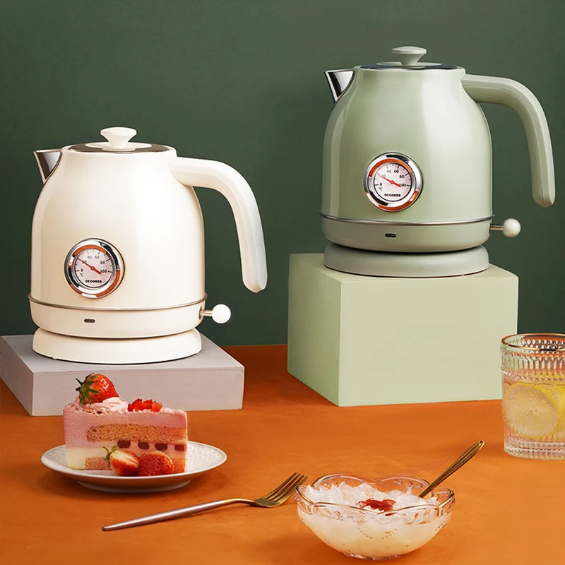 QCOOKER 1.7L Electric Kettle Fast Boiling Stainless Steel Retro Thermometer Hot Water Boiler 1800W 220V Portable Instant Heater