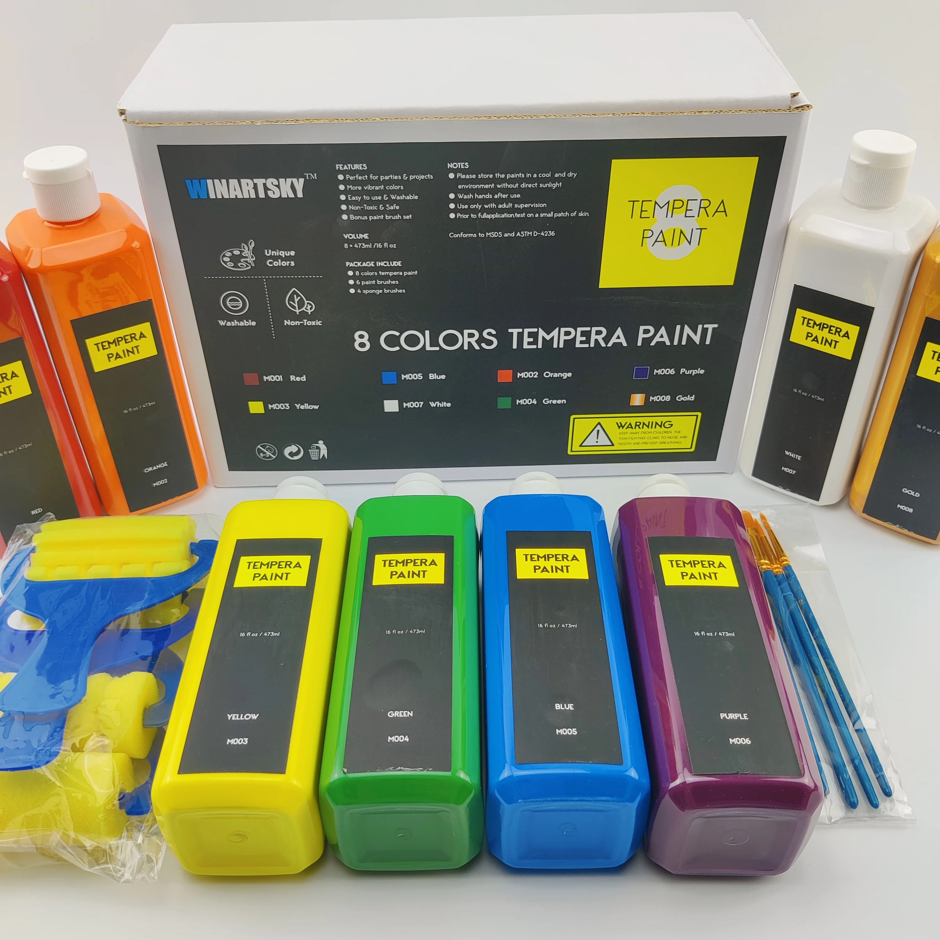 8 colors 473 ML washable tempera paint set with brush and sponge for kids DIY painting