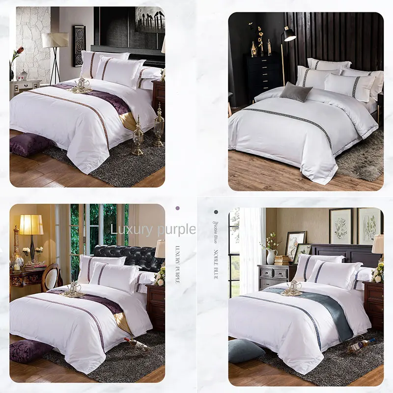 Hotel 4 pieces bedding set 60s pure cotton white satin bed sheets pillow case duvet cover hotel linen bedding set