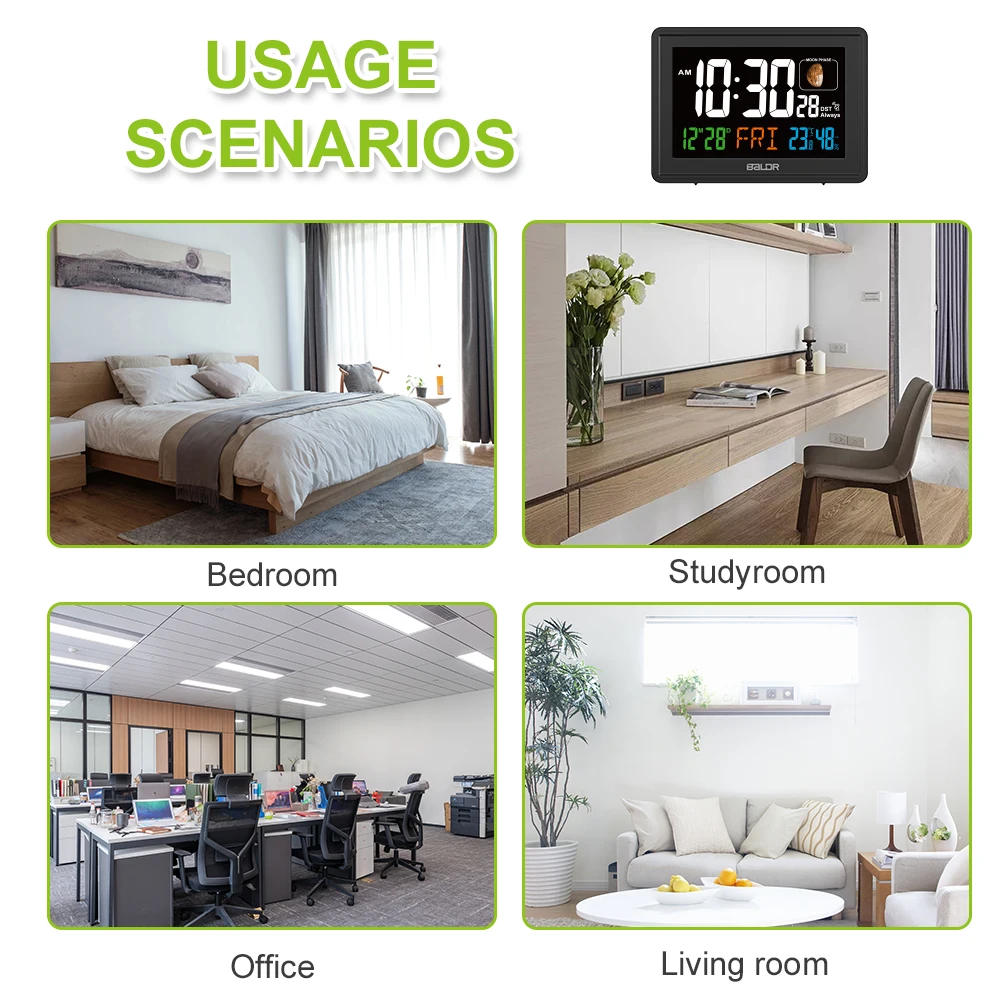 BALDR Digital Clock Radio Controlled Temperature and Humidity Function Room Clock with Moon Phase Alarm Clock