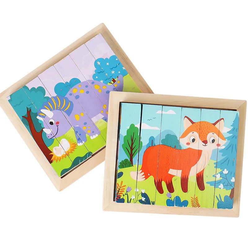 Four-Sided Rotating Wooden Animal Puzzle Board With Flash Card Educational Toy For Boys and Girls