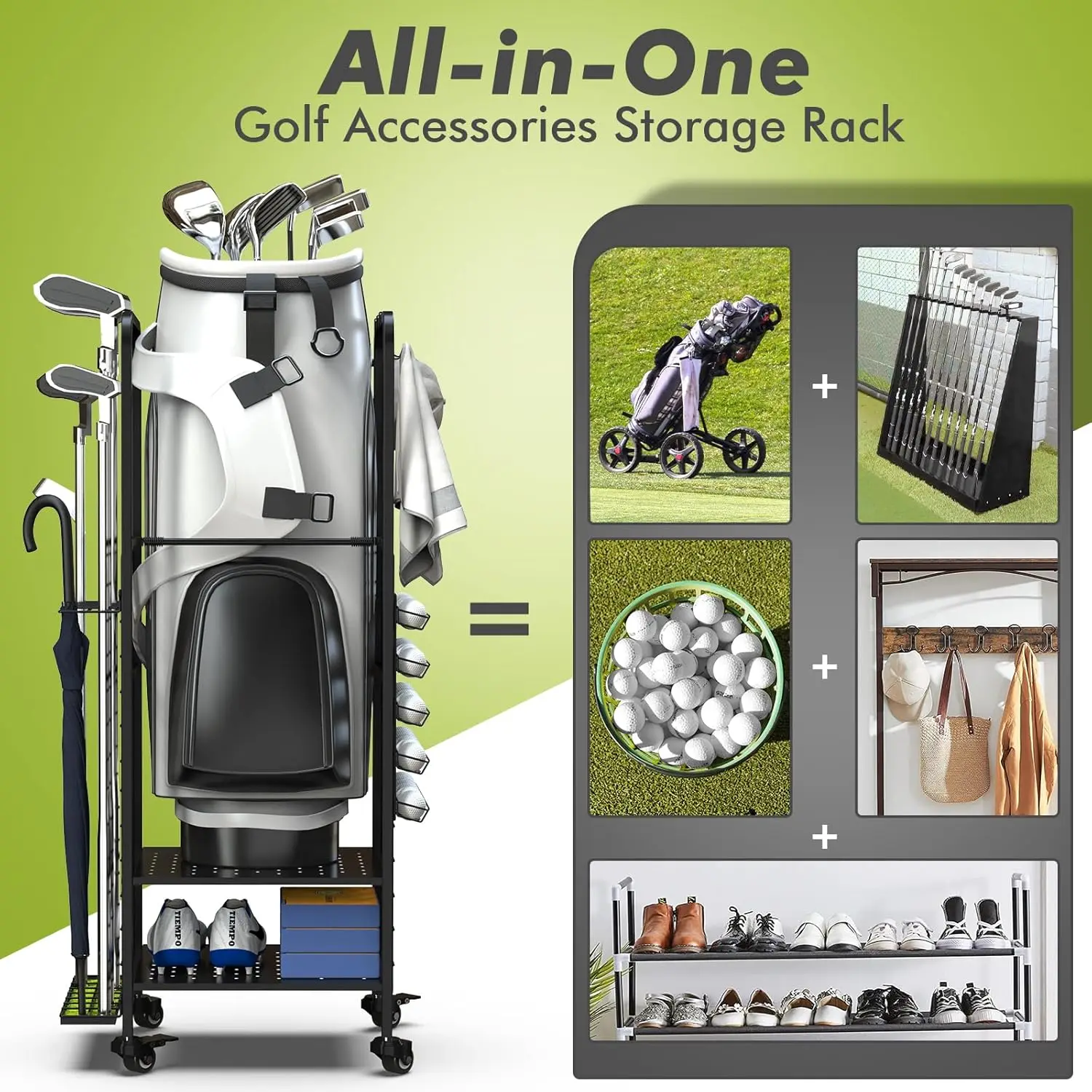 Golf bag storage cart Club holder and equipment accessory holder for garage club shed basement